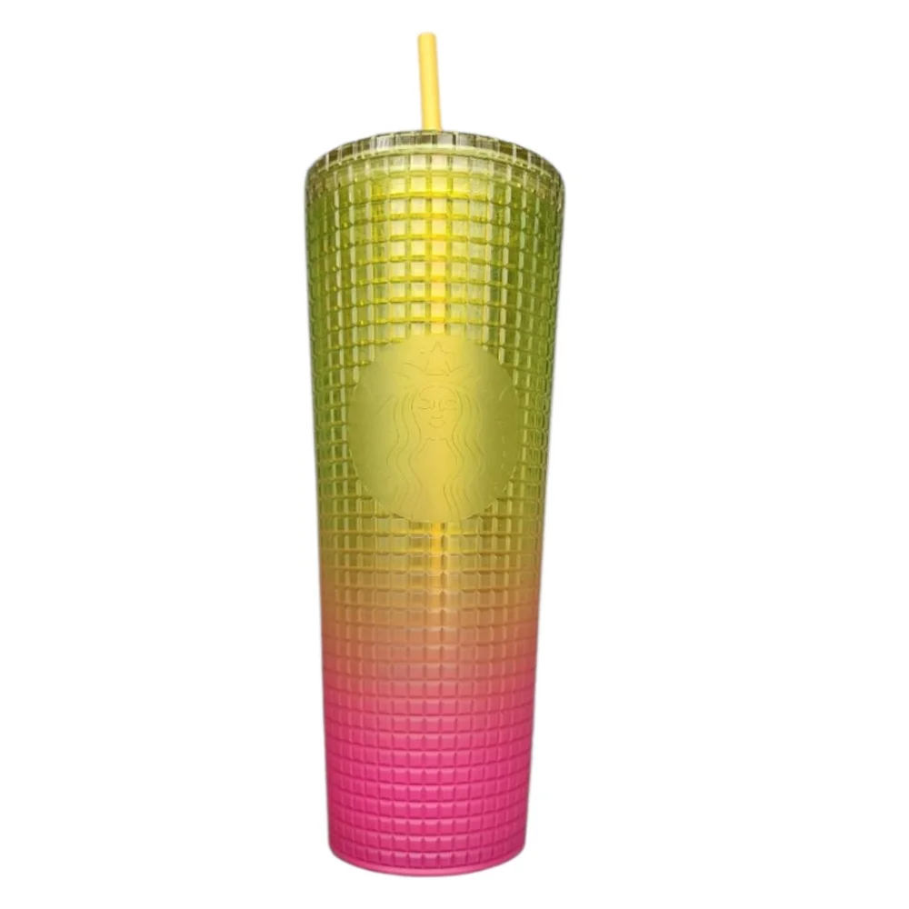 Starbucks Tumbler Cup Pink and Yellow Grid Textured Design Venti